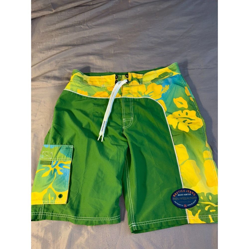 Nautica Bermuda Shorts Men 34 Green Mesh Polyester Pockets Flat Front Drawstring